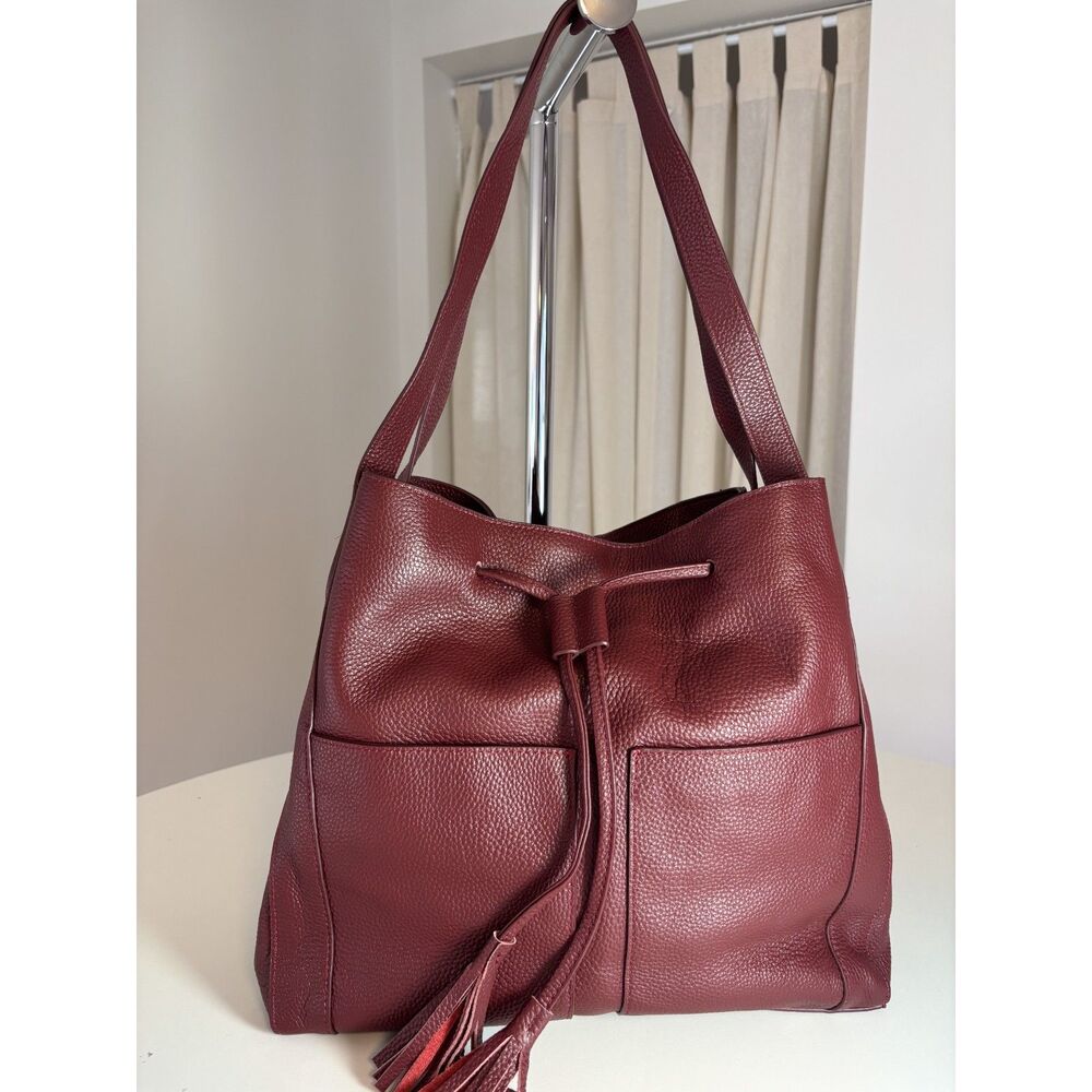 Red Leather Shoulder Bag w/ Tassel Merlot Red - Classic and Elegant